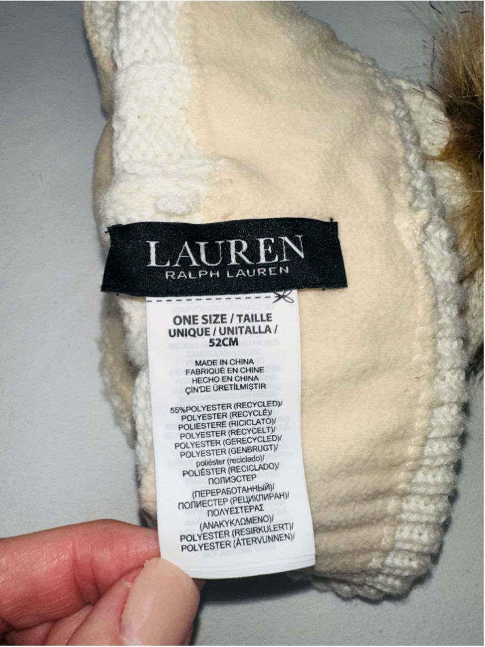 Lauren Ralph Lauren Rhinestone Logo Cable Knit Faux Fur Pom Beanie Ivory One Siz - Picture 5 of 6
